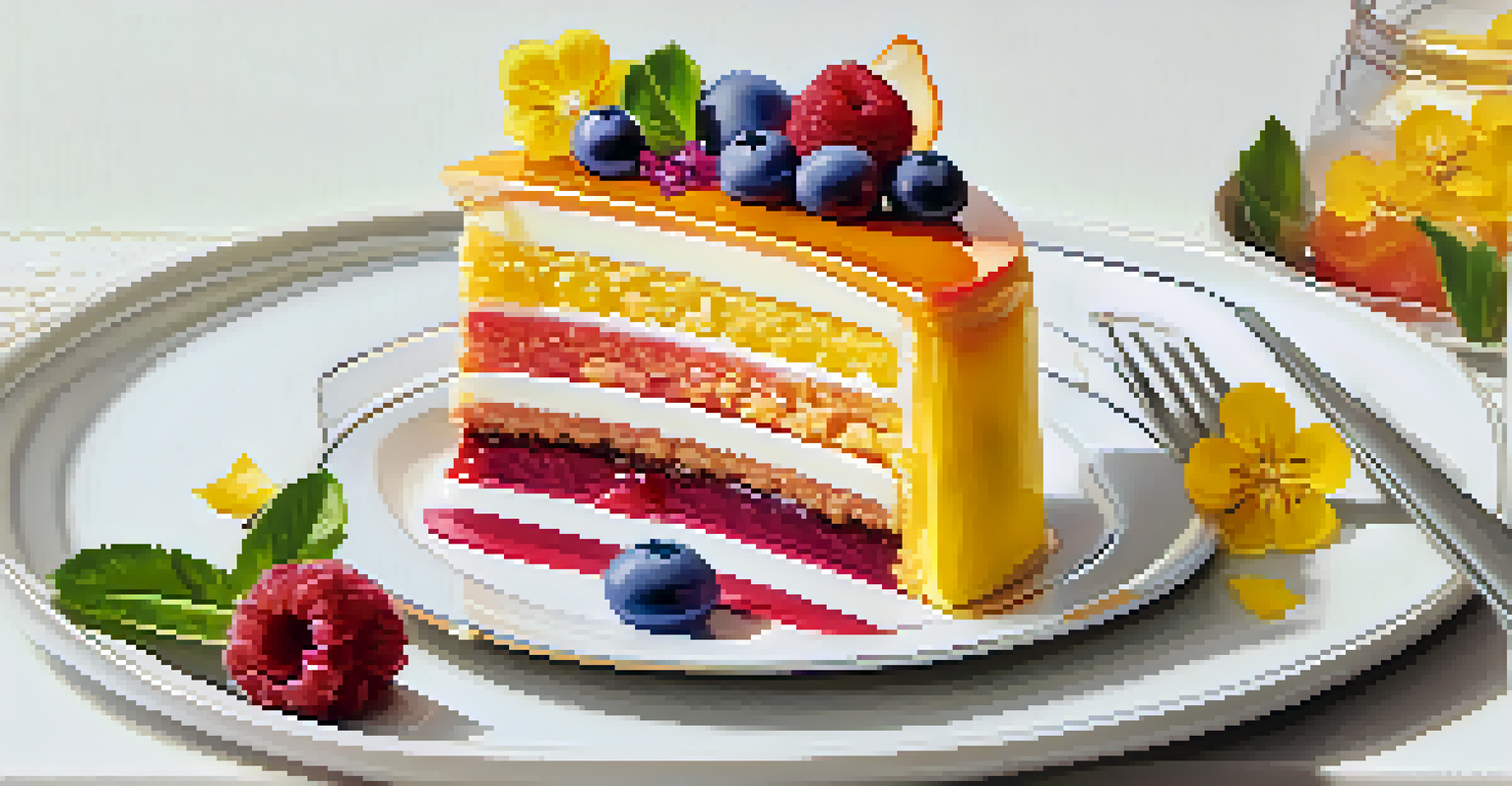A colorful layered cake dessert with fruit toppings and a passion fruit sauce on a white plate.