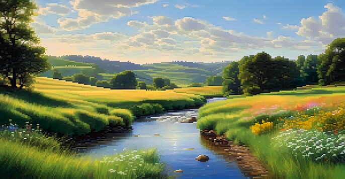 A peaceful landscape with green hills, a bright blue sky, and a flowing stream with colorful wildflowers.