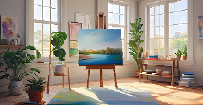 A calm and inviting art therapy corner with an easel, colorful paints, and natural light.