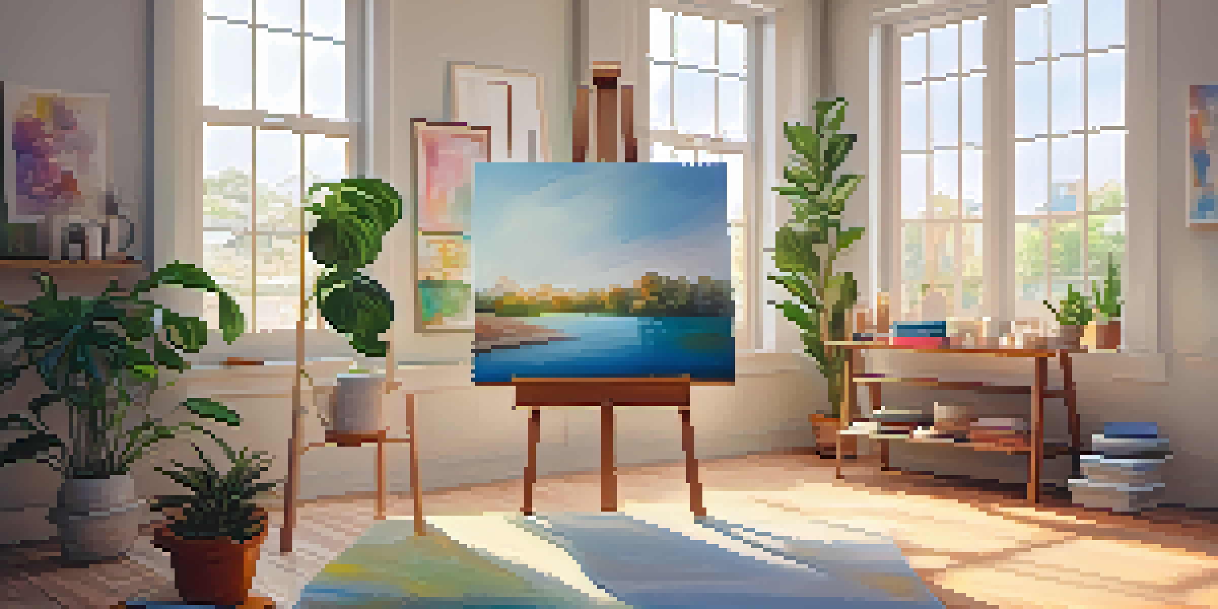 A calm and inviting art therapy corner with an easel, colorful paints, and natural light.