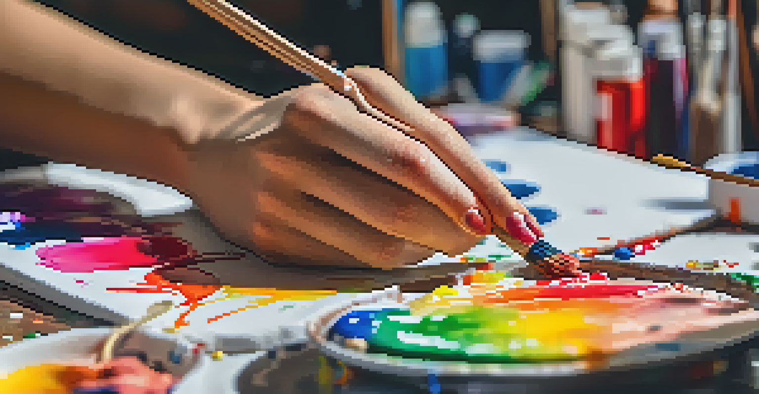 An artist's hands painting a canvas with vibrant colors.