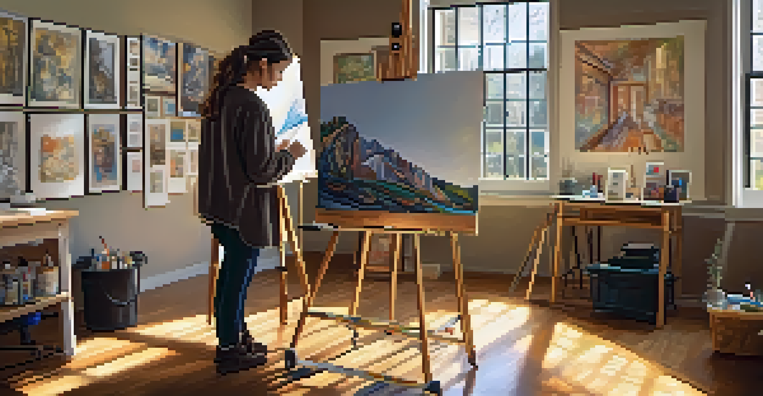 A disabled artist painting in a cozy art classroom, using a specialized easel, surrounded by art supplies and inspirational quotes on the walls.