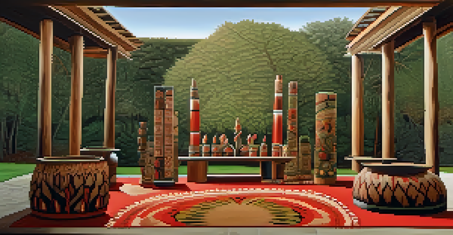 An Indigenous art piece in an open-air gallery, showcasing intricate patterns and earthy colors, surrounded by trees.