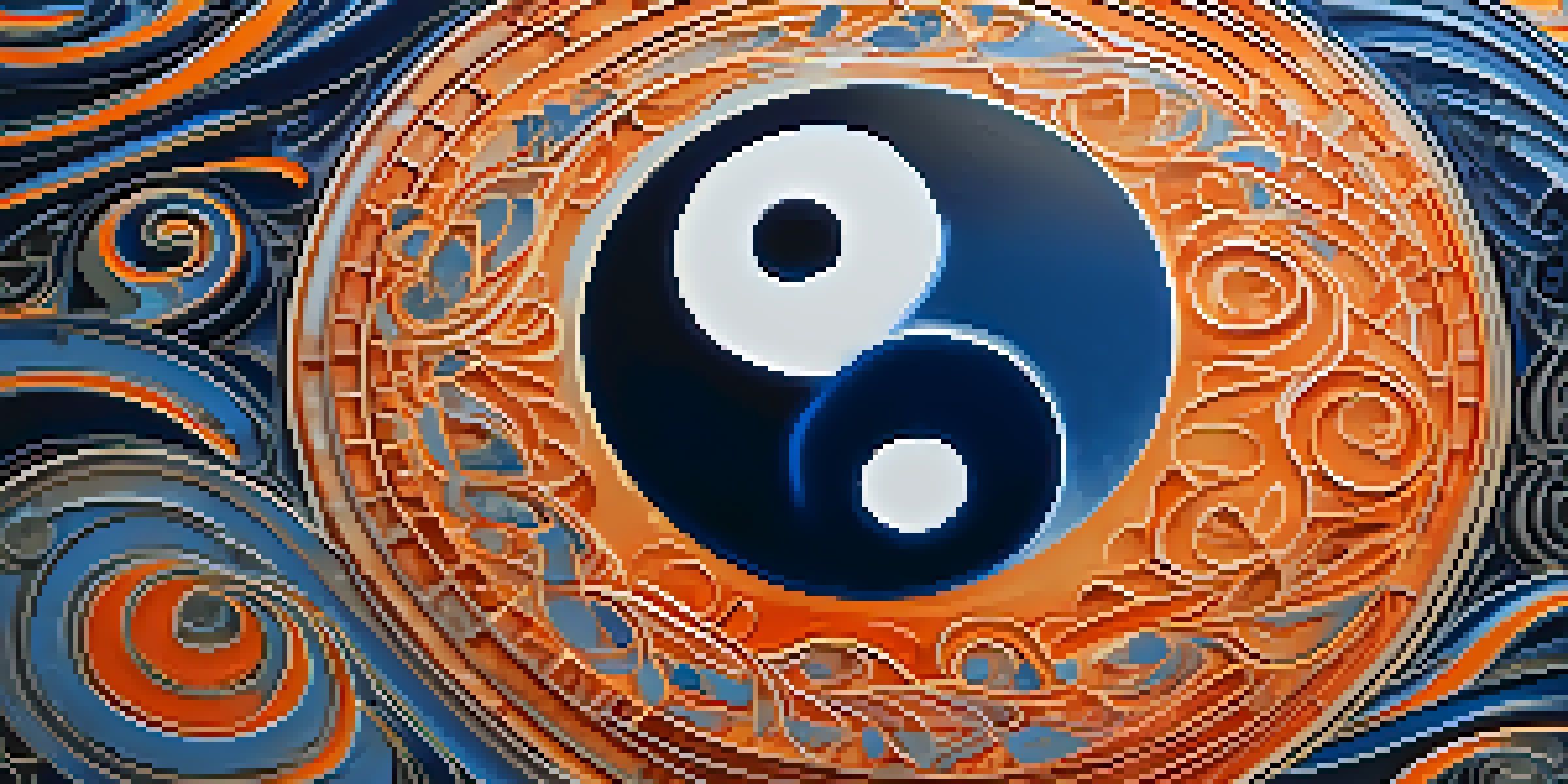 A yin-yang symbol with swirling patterns in blue and orange, illustrating balance and harmony.