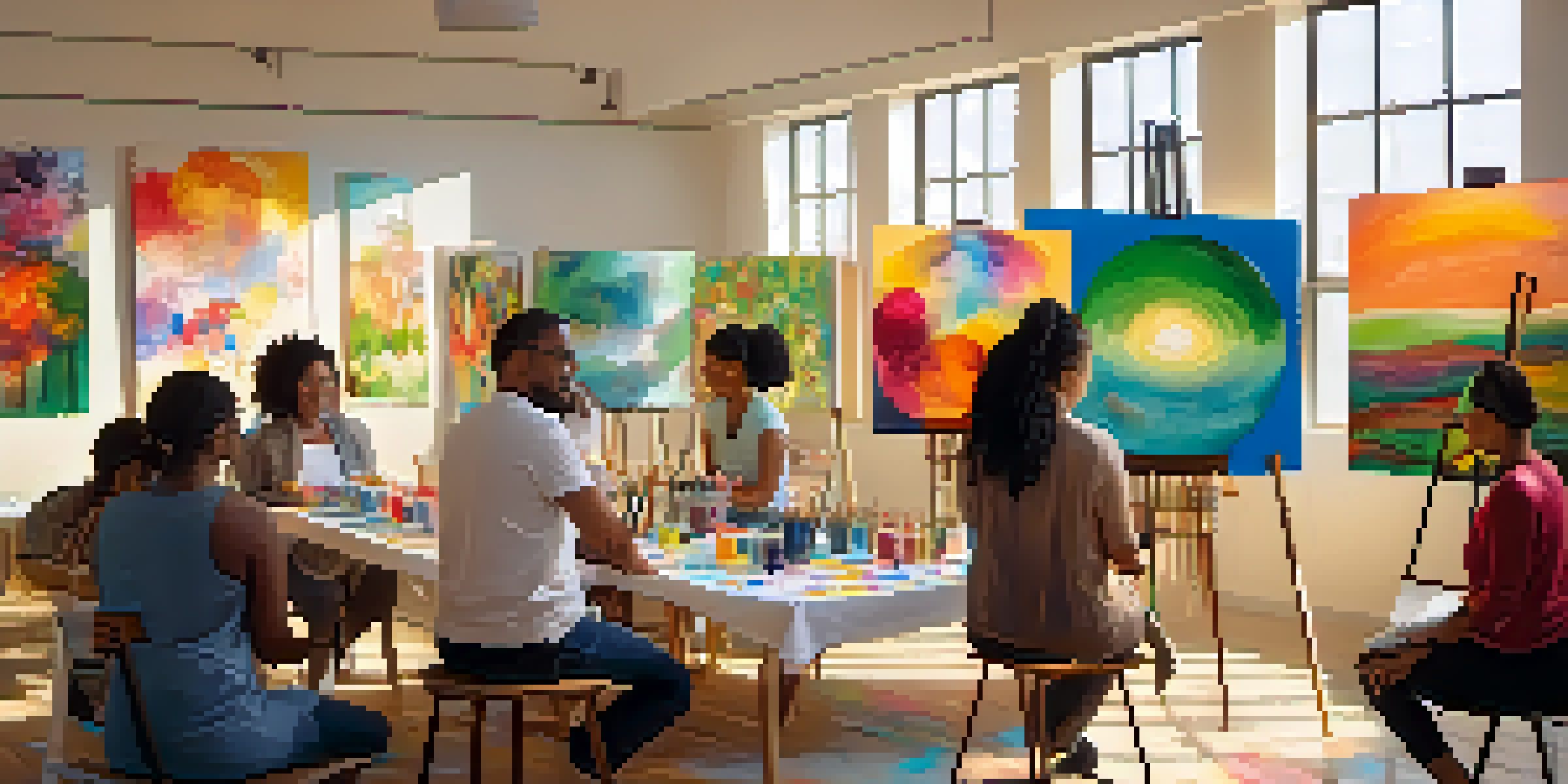 A peaceful art therapy session with diverse individuals painting in a bright, welcoming room filled with plants and colorful artworks.