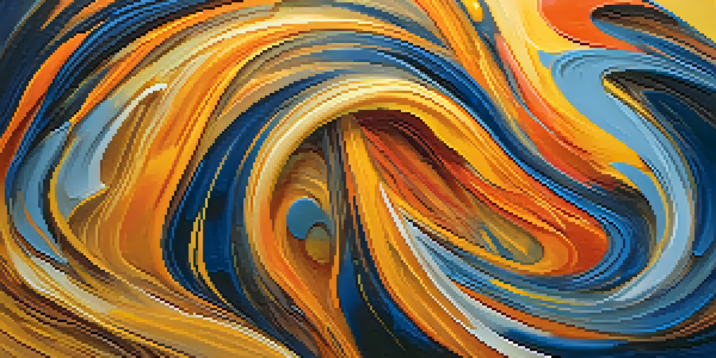 An abstract painting with swirling colors like deep blues, oranges, and yellows, featuring flowing shapes and textured brushstrokes under warm light.