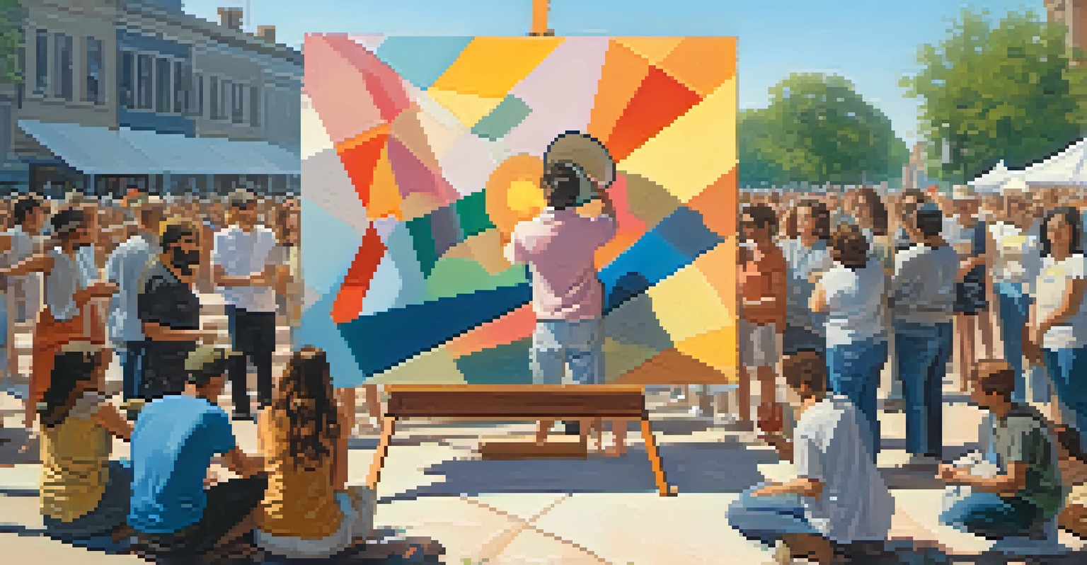 An artist painting a large canvas outdoors, capturing emotions of hope and resilience with vibrant colors, while surrounded by engaged onlookers.