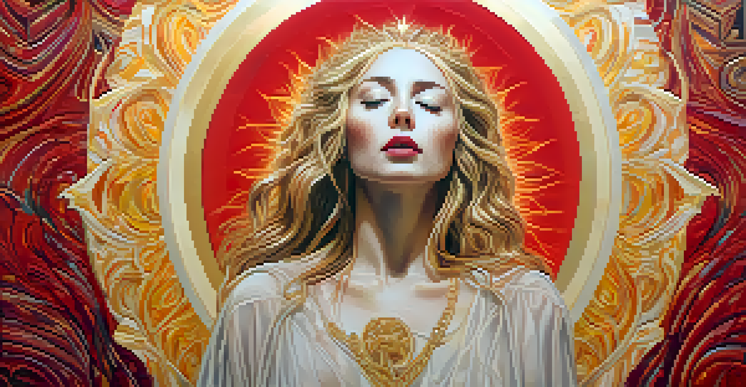 A woman with a mix of ecstasy and sorrow, surrounded by a halo of vibrant colors, symbolizing love and mortality.