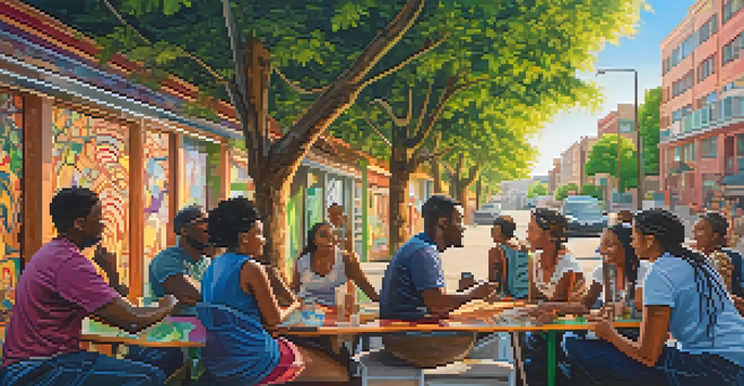 A colorful street mural showing diverse people talking, surrounded by plants and sunlight.
