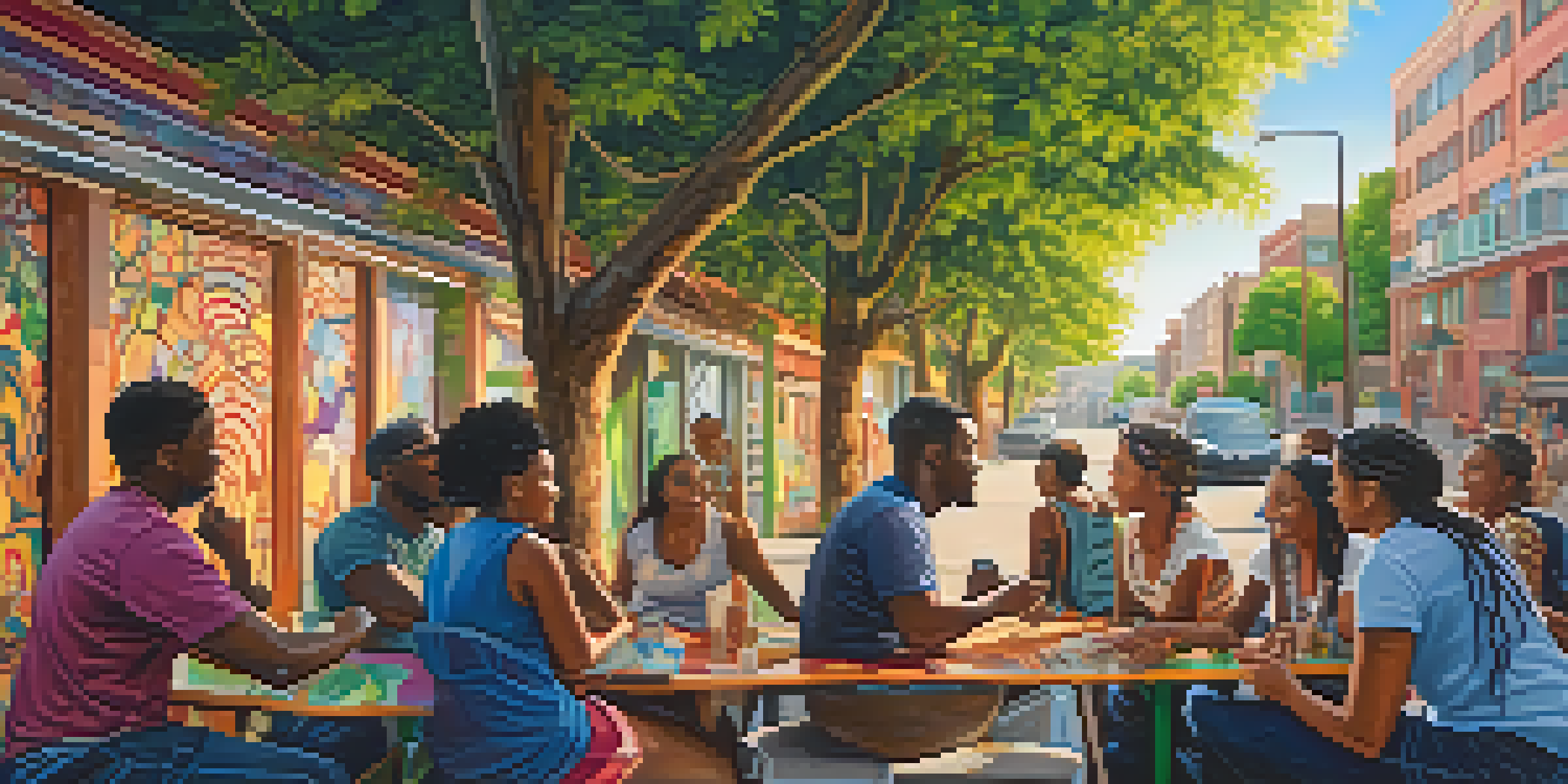 A colorful street mural showing diverse people talking, surrounded by plants and sunlight.