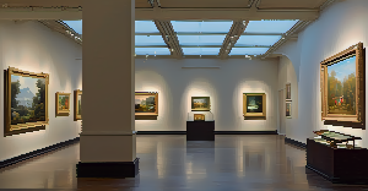 A gallery displaying restored artworks, with a focus on a vibrant painting in a beautiful frame, and visitors appreciating the art.