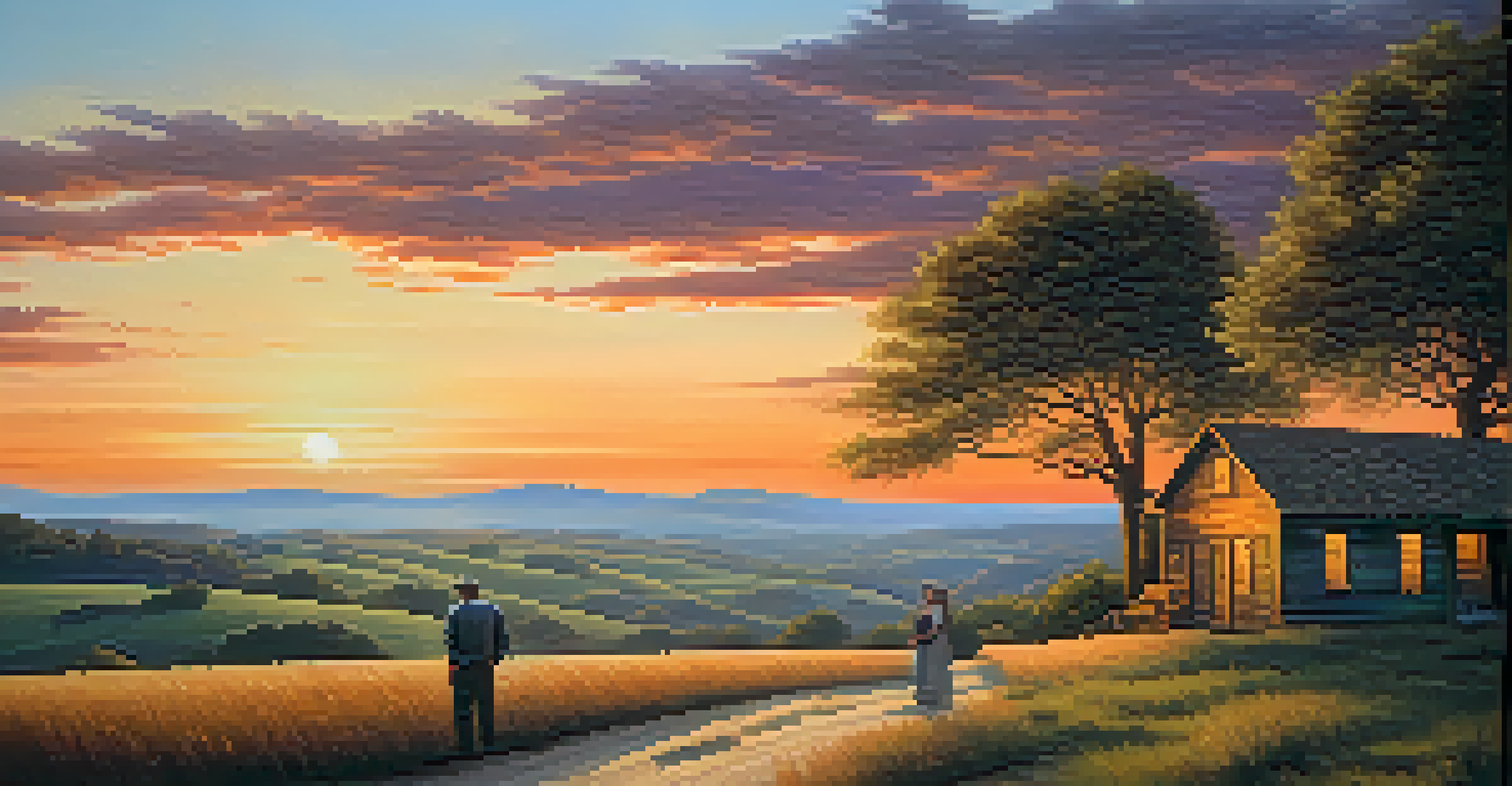An elegant landscape painting displayed in a gallery, featuring rolling hills at sunset, with art enthusiasts admiring it.