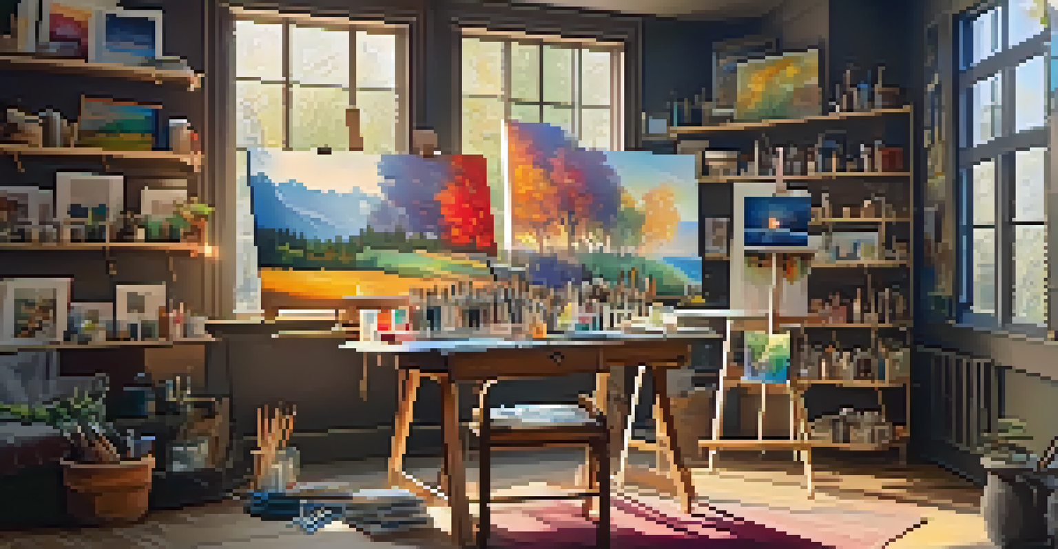 A bright artist's studio with colorful paintings, sunlight, and art supplies.