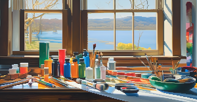 A still life scene with paint tubes, brushes, and a canvas illuminated by sunlight, emphasizing vibrant colors.