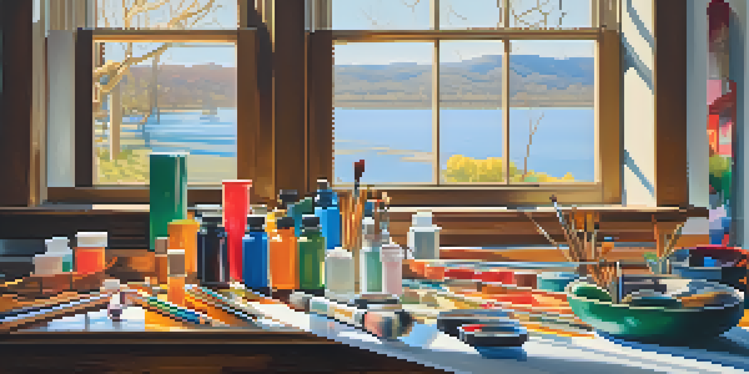 A still life scene with paint tubes, brushes, and a canvas illuminated by sunlight, emphasizing vibrant colors.