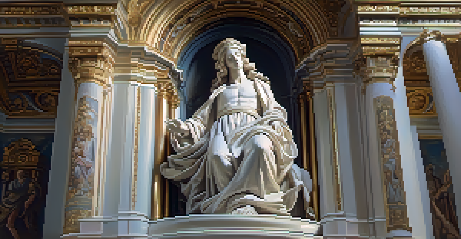 A Baroque sculpture of a saint in ecstasy, with flowing drapery and a softly lit basilica interior in the background.