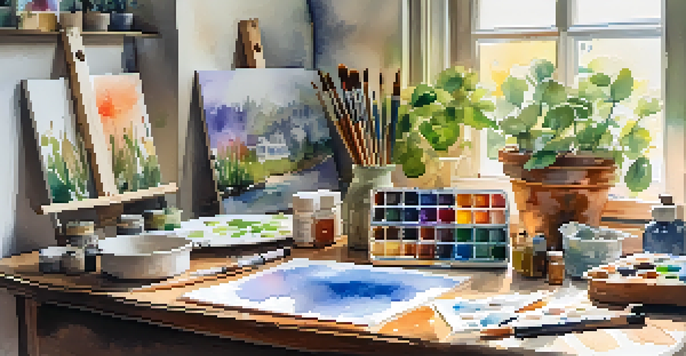 A cozy watercolor painting studio filled with art supplies, bright colors, and soft natural light.