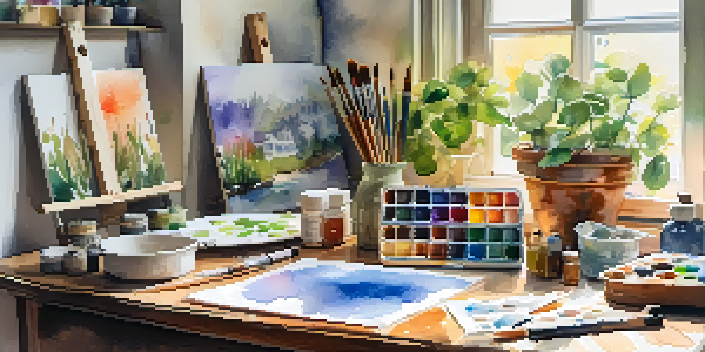 A cozy watercolor painting studio filled with art supplies, bright colors, and soft natural light.