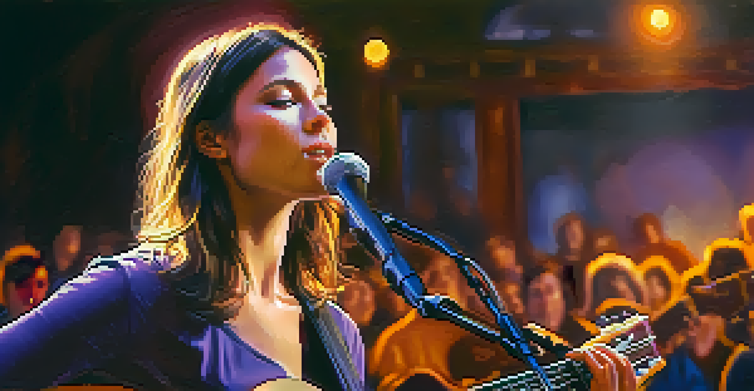 A portrait of a female musician playing guitar on stage, with a soft spotlight and a captivated audience in the background.