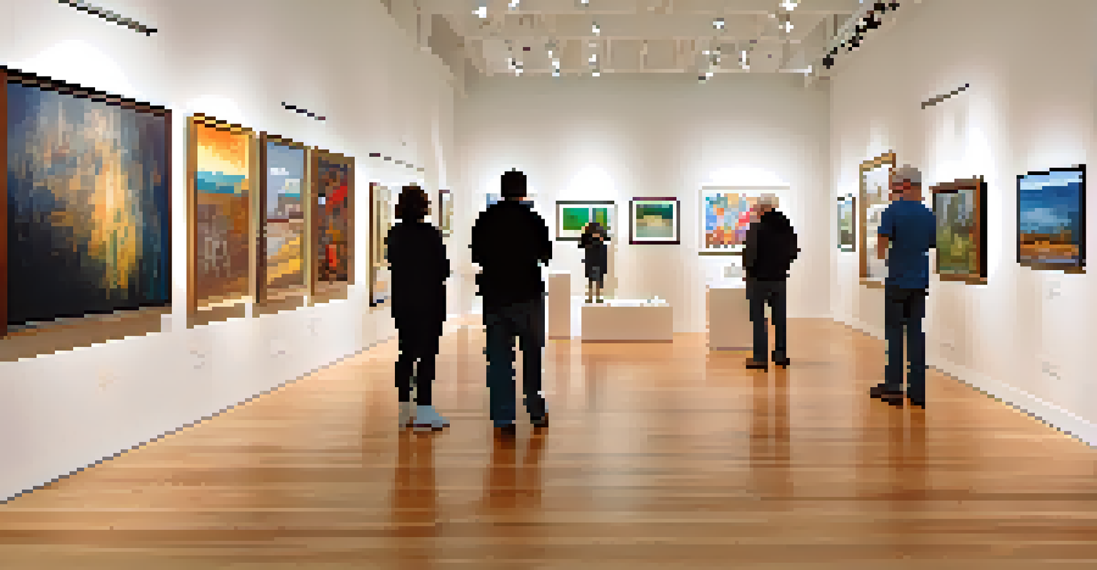 An art exhibition showcasing the works of disabled artists, with visitors admiring colorful paintings in a well-lit gallery.