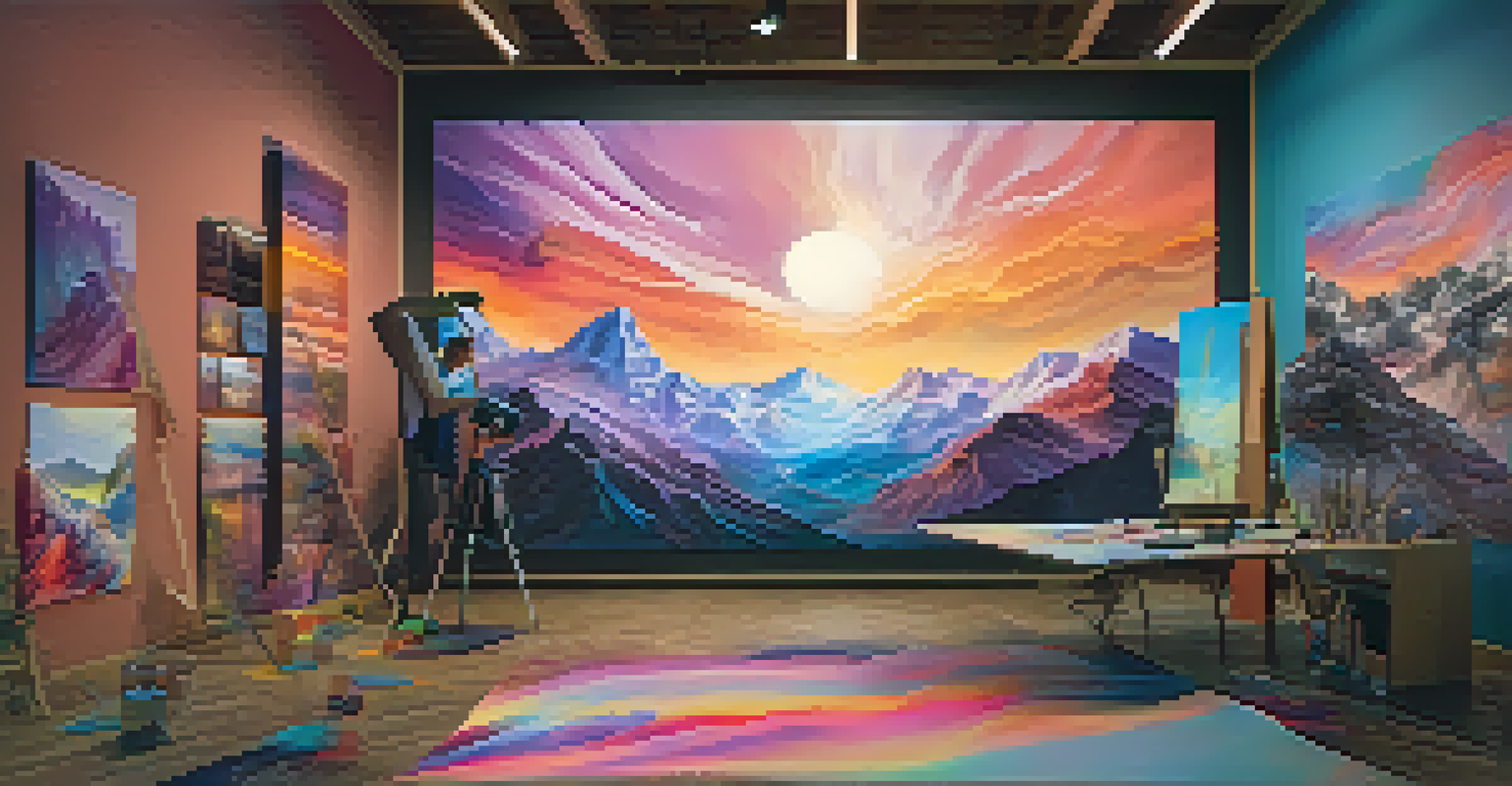 An artist in a virtual reality environment, painting in 3D with vibrant colors and shapes, surrounded by a stunning digital landscape.