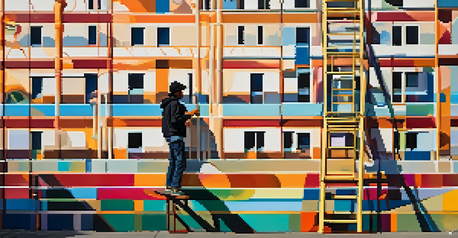 An artist on a ladder painting a large geometric mural in vibrant colors, illuminated by the golden afternoon sun.