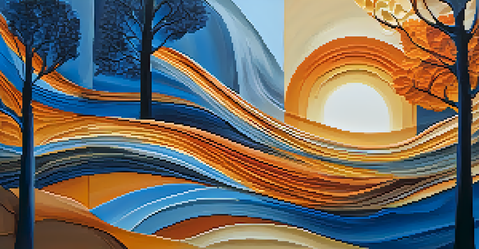 An abstract painting with swirling patterns in blue and orange, symbolizing wind and sunset.