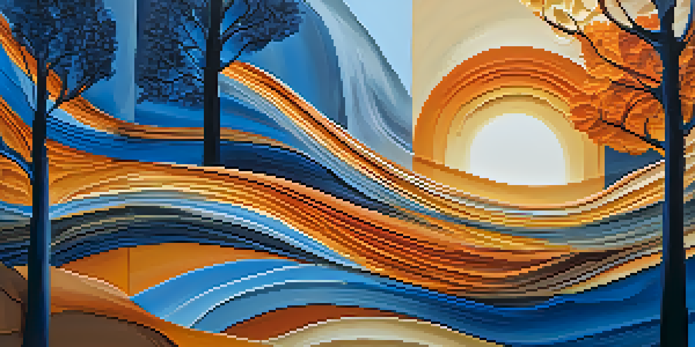 An abstract painting with swirling patterns in blue and orange, symbolizing wind and sunset.