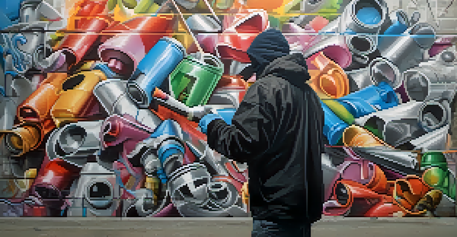 A graffiti artist spraying paint on a concrete wall, with spray cans around and a focus on their intricate design.