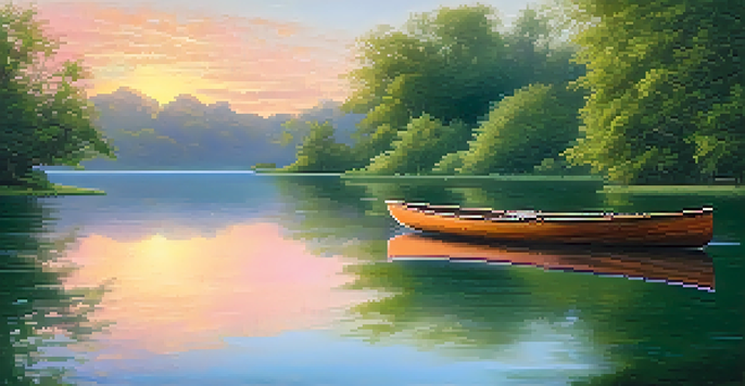 A peaceful lake at sunrise with soft pastel colors in the sky and a small boat on the water.