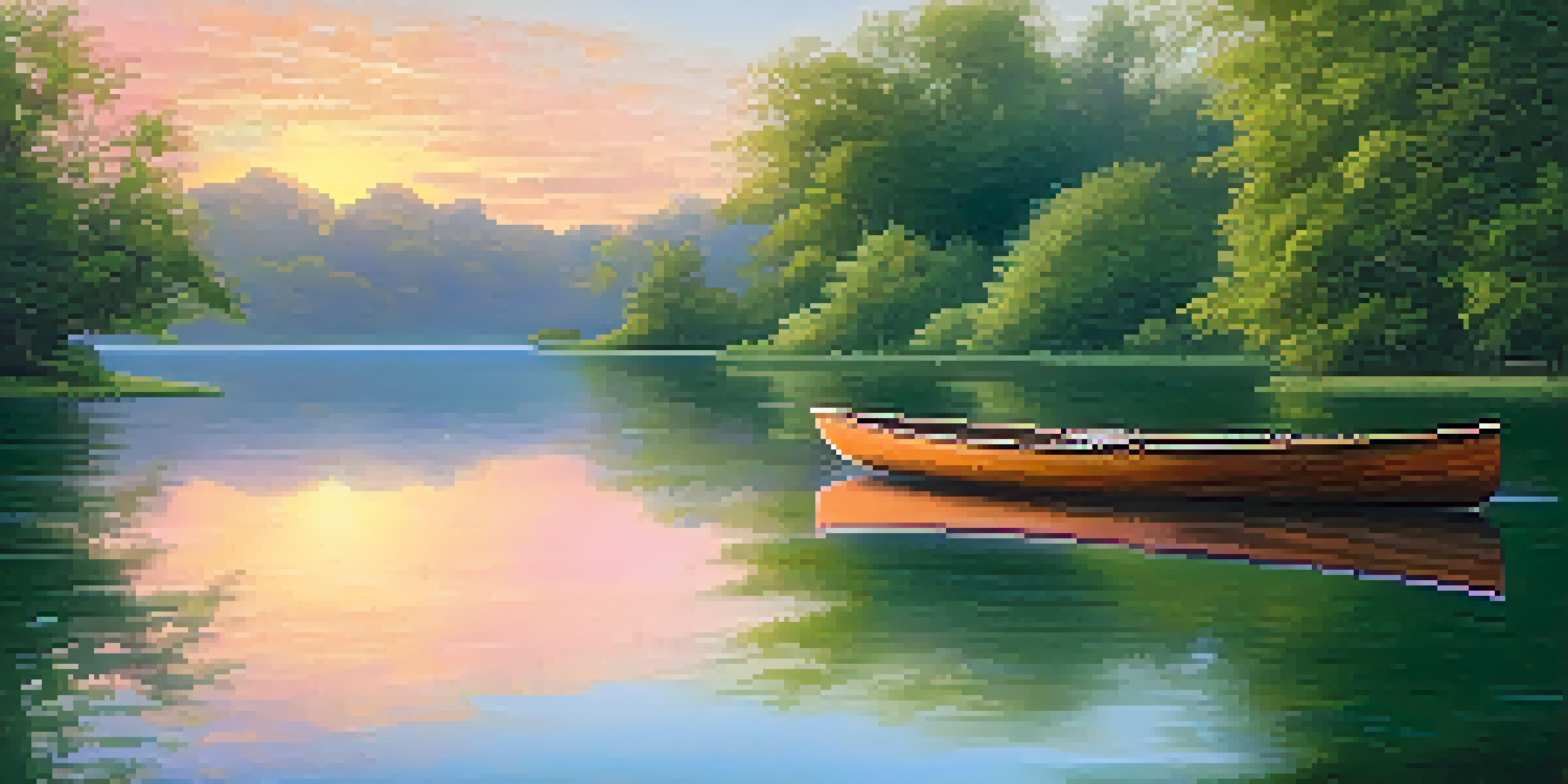 A peaceful lake at sunrise with soft pastel colors in the sky and a small boat on the water.