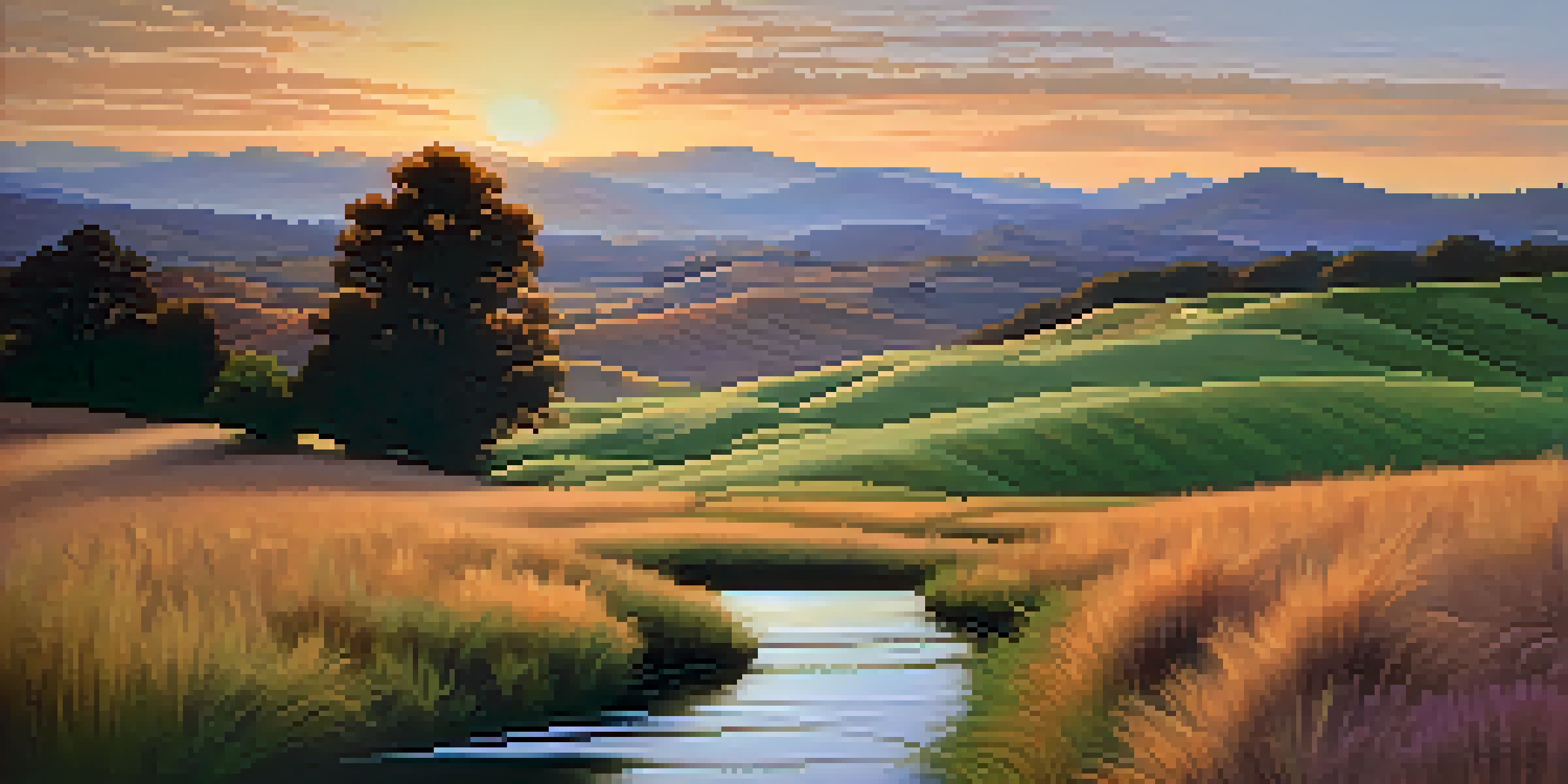 A landscape painting depicting a sunset over hills, featuring earthy tones and a reflective stream.