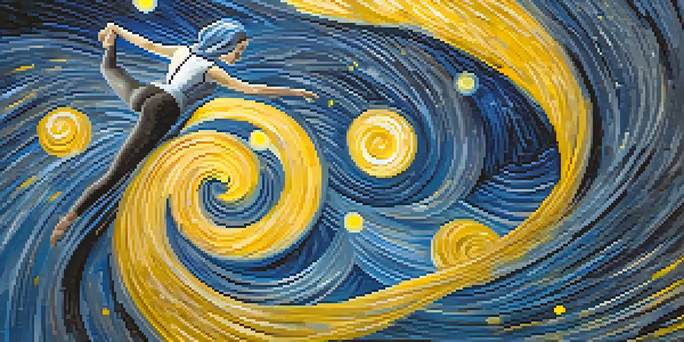 A dancer performing in an art gallery, embodying the swirls of Van Gogh's 'Starry Night' with fluid movements, illuminated by a spotlight.