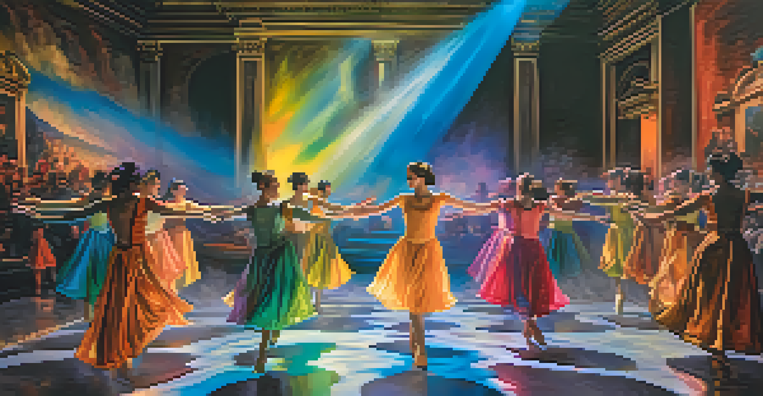 Dancers interacting with projected visuals of famous paintings on stage.