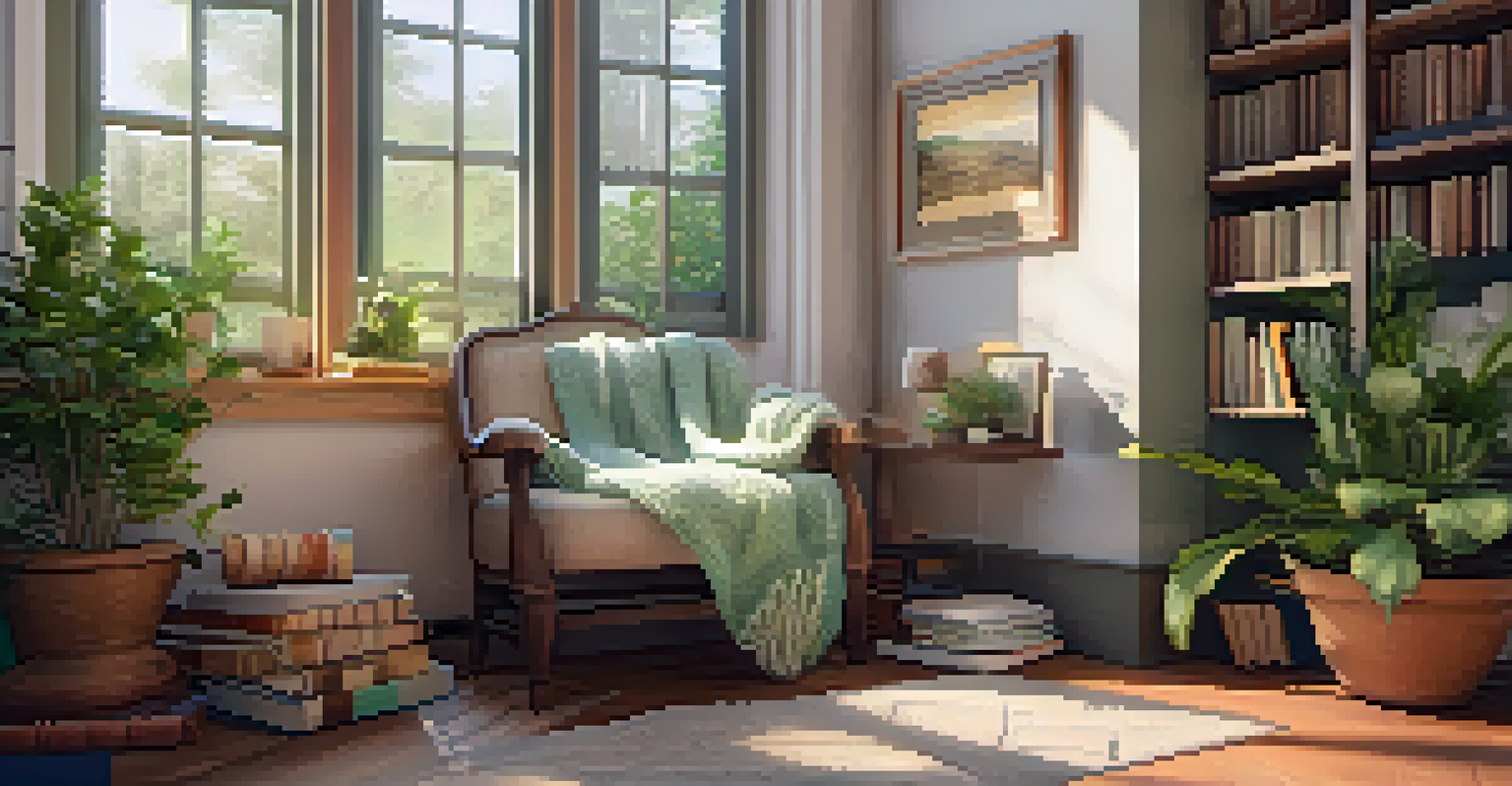 A cozy reading nook with a plush armchair, a bookshelf filled with books, and a cup of tea on a side table, illuminated by natural light.