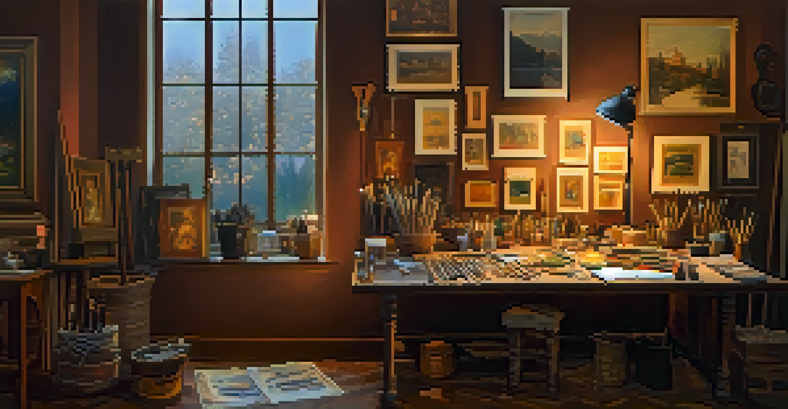 A Renaissance artist's workspace with various brushes, paint palettes, and a colorful canvas, illuminated by warm candlelight.
