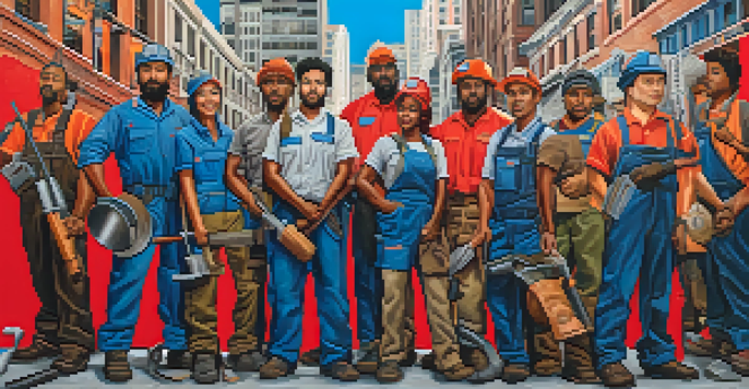 A colorful mural illustrating diverse workers standing together in solidarity, with expressions of determination and vibrant colors representing their struggles.