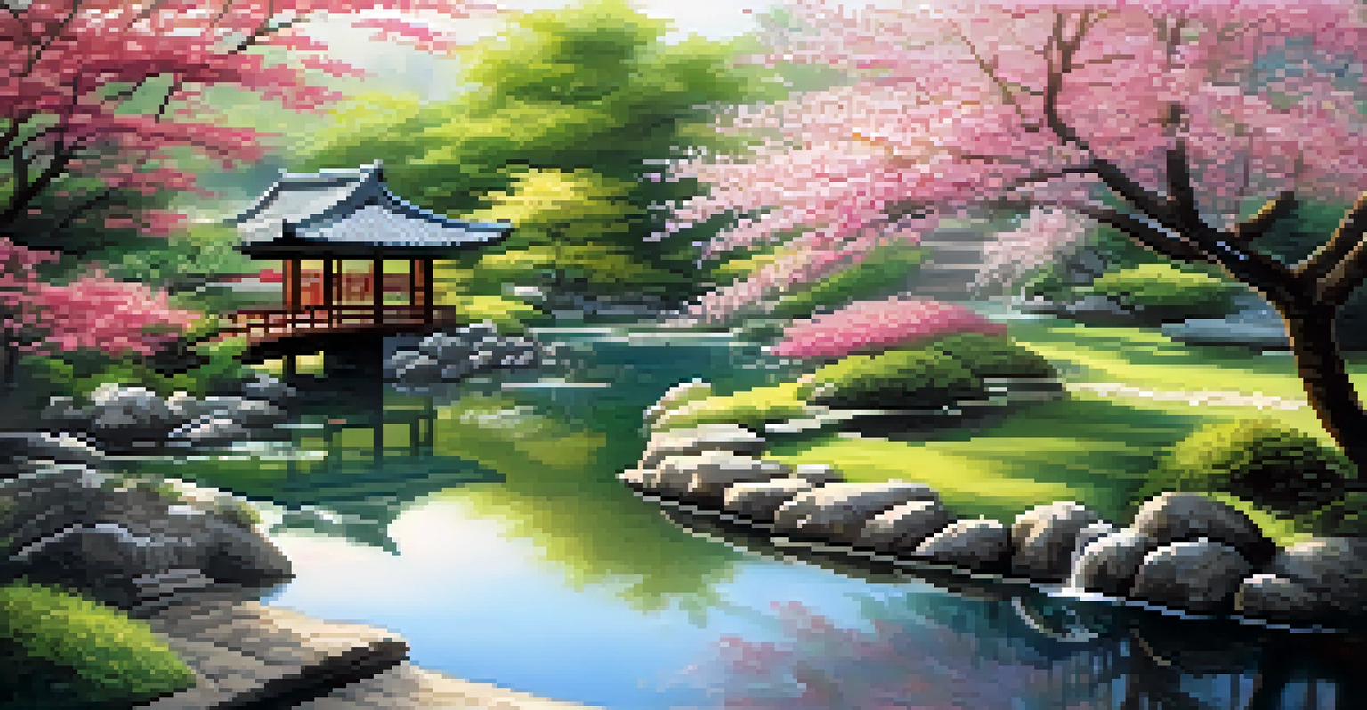 A peaceful East Asian garden with a pond, koi fish, cherry blossom trees, and a soft pastel color palette.