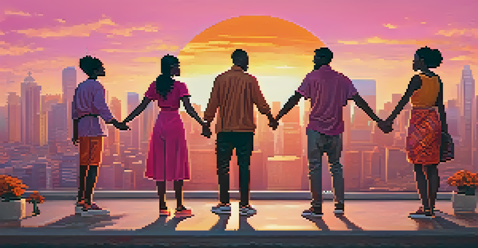 A digital artwork of diverse individuals holding hands in front of a city skyline at sunset.
