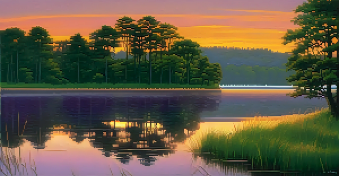 A beautiful landscape with a colorful sunset reflecting on a calm lake, surrounded by green trees and grass.