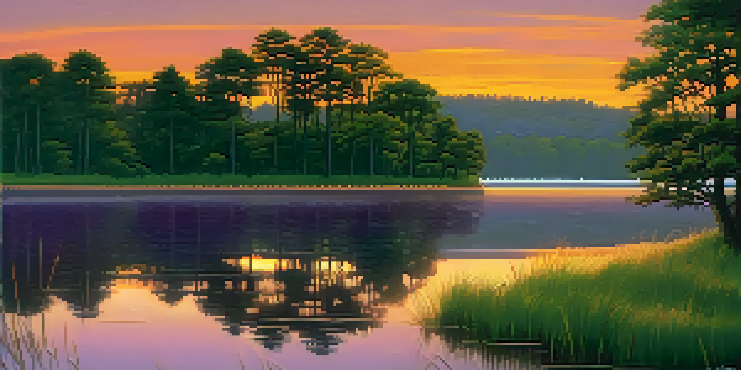 A beautiful landscape with a colorful sunset reflecting on a calm lake, surrounded by green trees and grass.