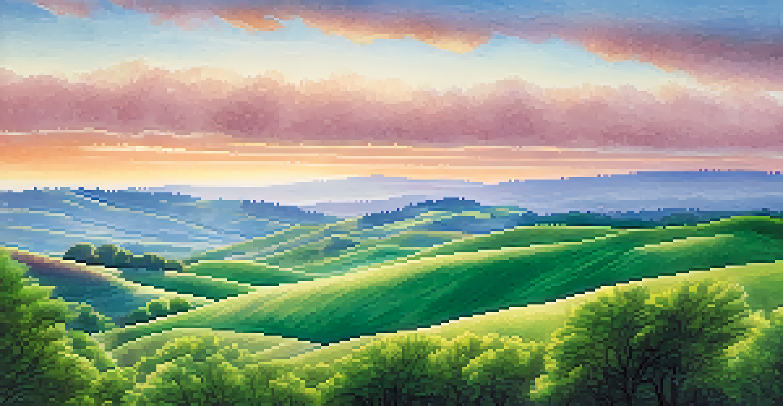 A colorful landscape painted with watercolor pencils, showcasing rolling hills and a bright sky with blended colors.