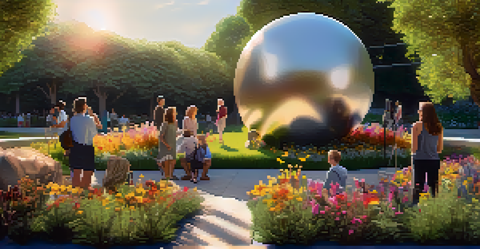 An outdoor art installation with a large sculpture made of recycled materials, surrounded by greenery and visitors.