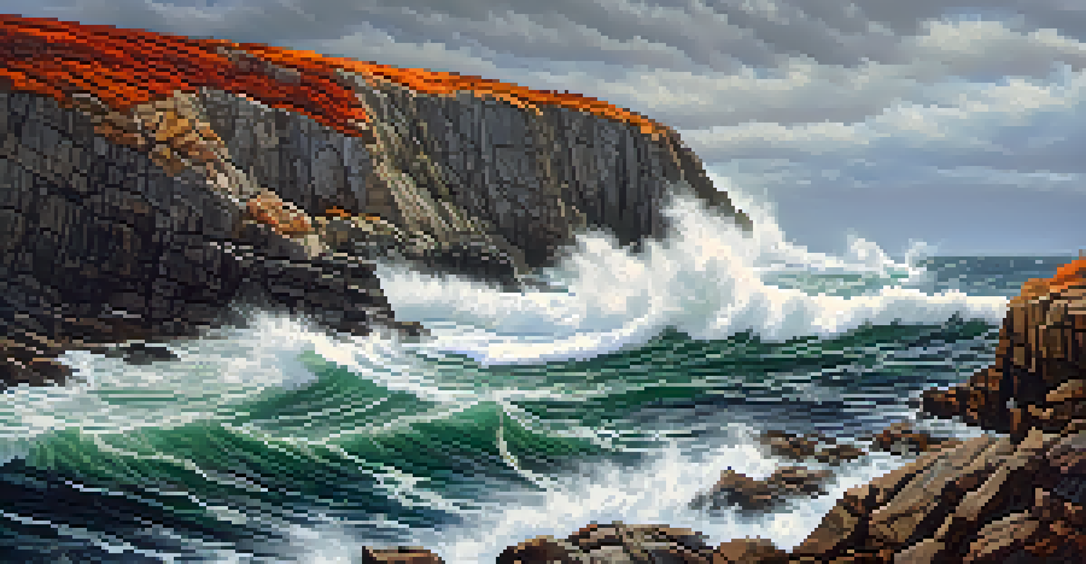 A rugged New England coastline with cliffs and crashing waves under a cloudy sky.
