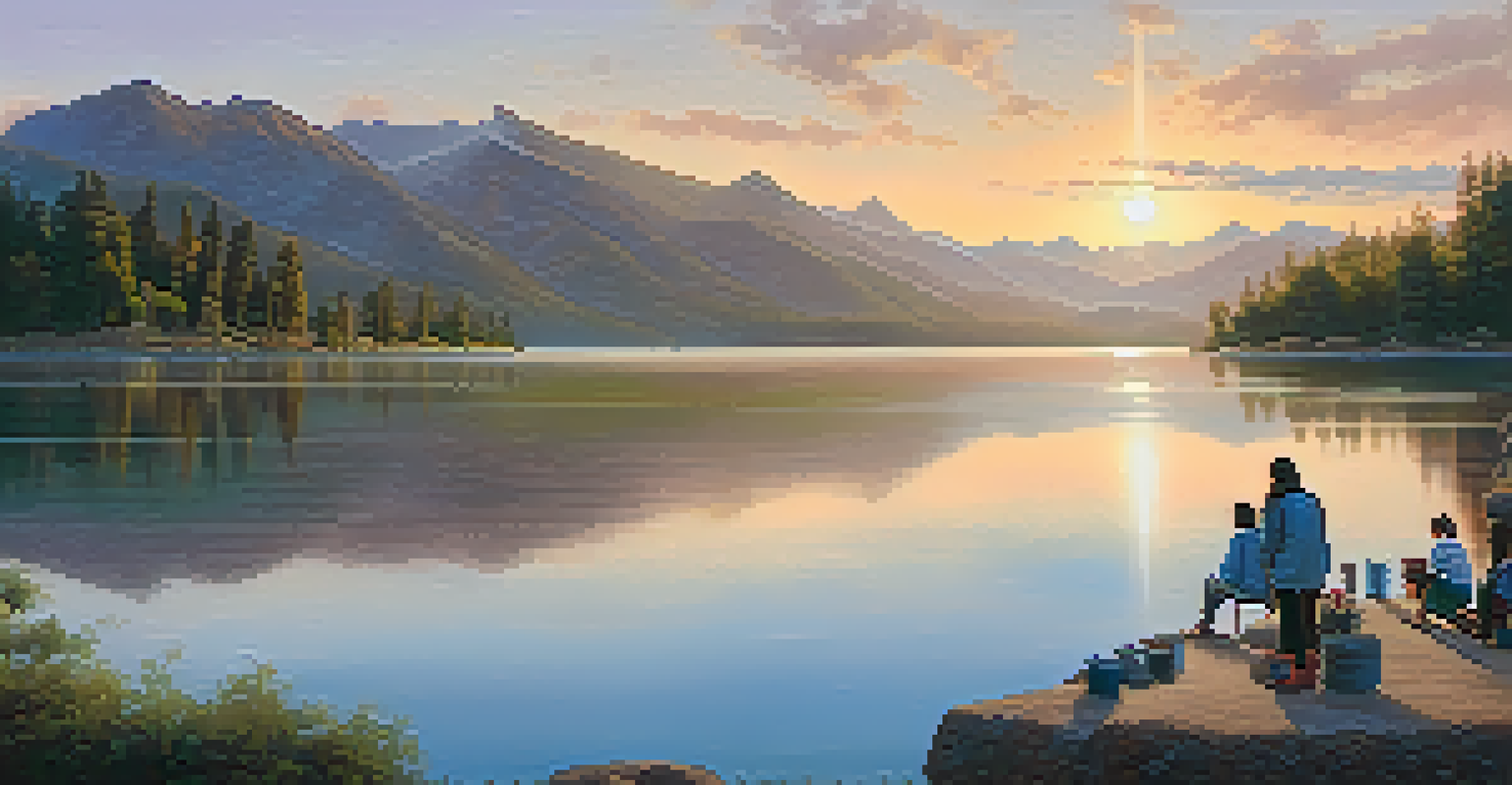 A peaceful landscape with a lake and mountains at dawn, where a group of people is painting a mural on a canvas, symbolizing peace and community.