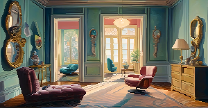 A whimsical room with oversized furniture, a distorted mirror, and a person in a surreal chair, illuminated by soft lighting.