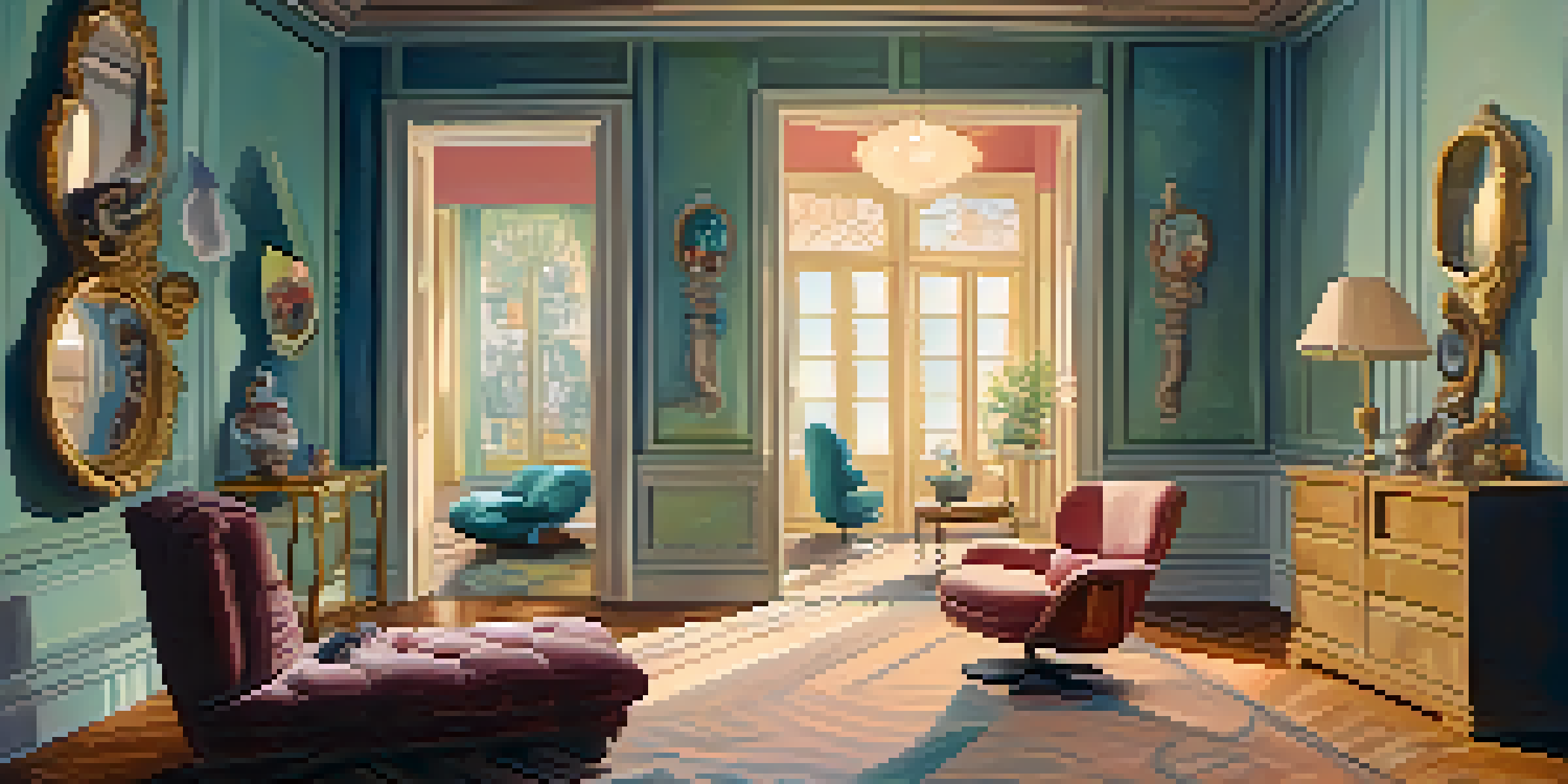 A whimsical room with oversized furniture, a distorted mirror, and a person in a surreal chair, illuminated by soft lighting.