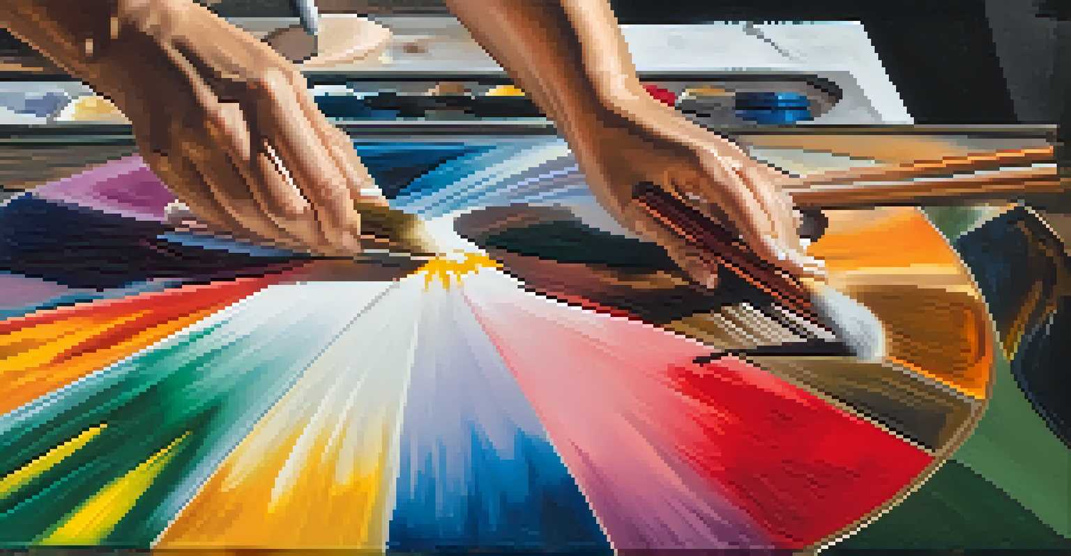A close-up of hands painting on a canvas with colorful oil paints, showcasing the vibrant colors and textures.