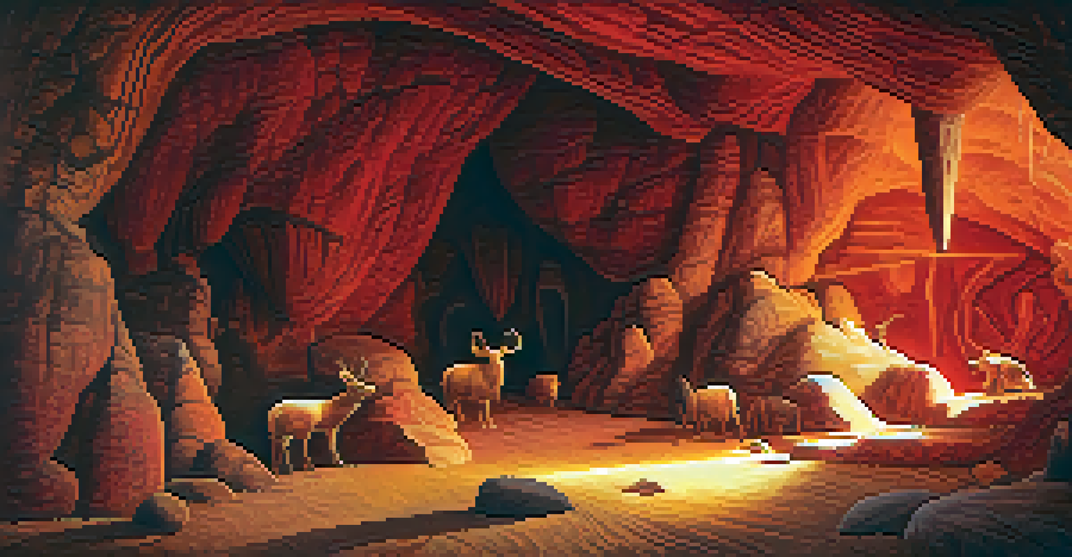 Interior of a cave featuring ancient paintings of animals and symbols in warm earthy colors.