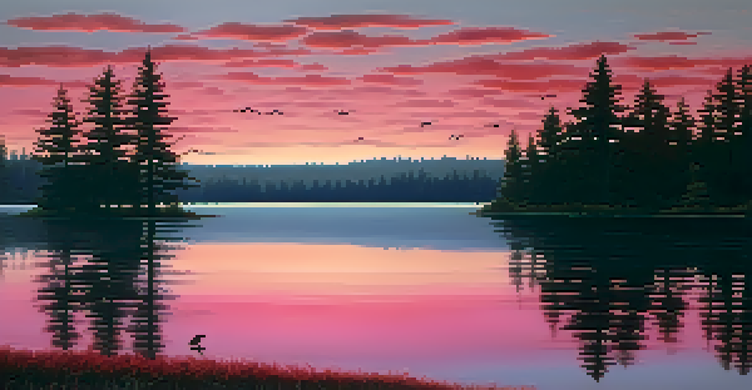 A sunset landscape with a red and pink sky reflecting on a calm lake, framed by silhouettes of trees.